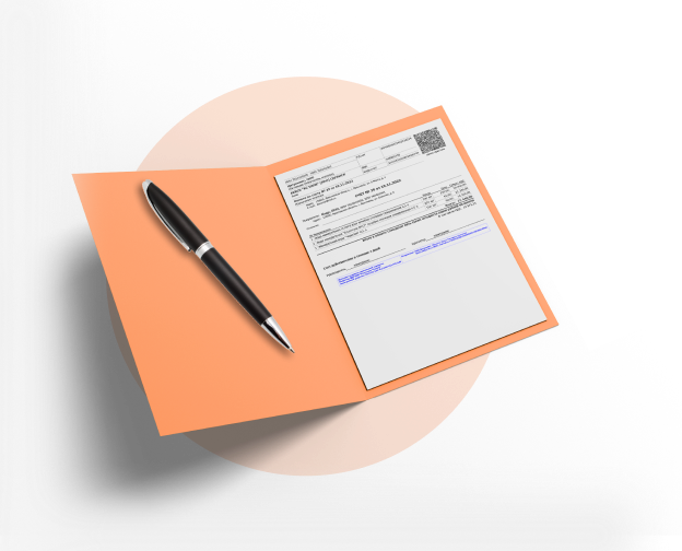 Паппка для документов, внутри листок со счетом и ручка