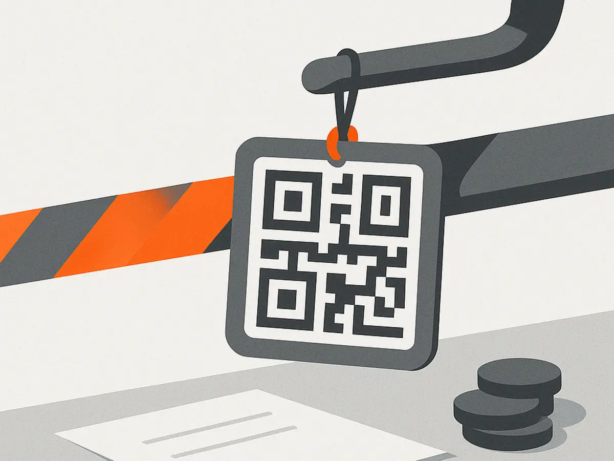 Грузовик у шлагбаума на границе с транспортным документом и QR-кодом