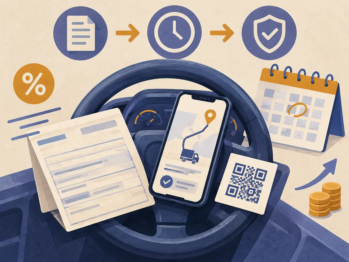 Смартфон на руле грузовика рядом с пустым бланком накладной и карточкой с QR-кодом